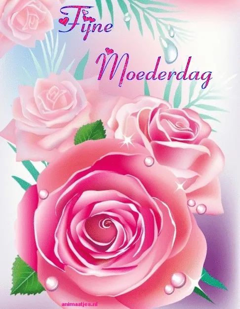 Roze bloemen met de tekst "Fijne Moederdag" erboven.