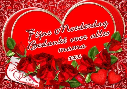 Hartvormig kaartje met rozen en tekst: 'Fijne Moederdag, bedankt voor alles, mama'.