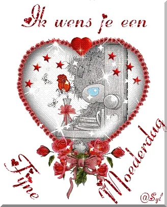 Een hart met een tekening en tekst voor Moederdag, versierd met bloemen en sterren.