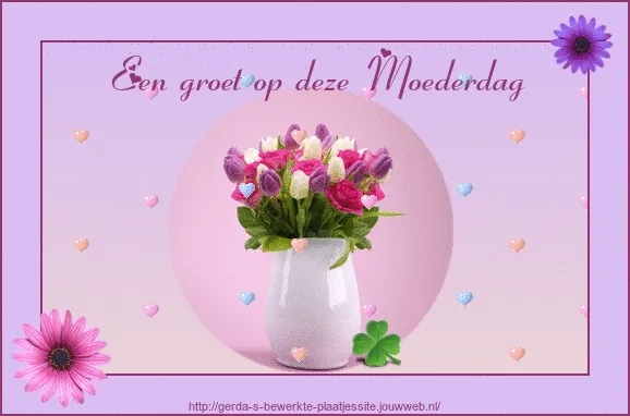 Bloemenboeket in een vaas met hartjes en de tekst 'Een groet op deze Moederdag'.