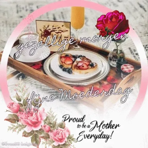Illustratie van een ontbijt tray met bloemen en tekst voor Moederdag.