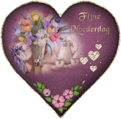 Hartvormige afbeelding met bloemen en de tekst 'Fijne Moederdag'.