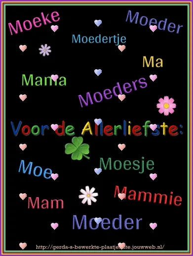 Kleurrijke tekst met verschillende woorden voor 'moeder' op een zwarte achtergrond.