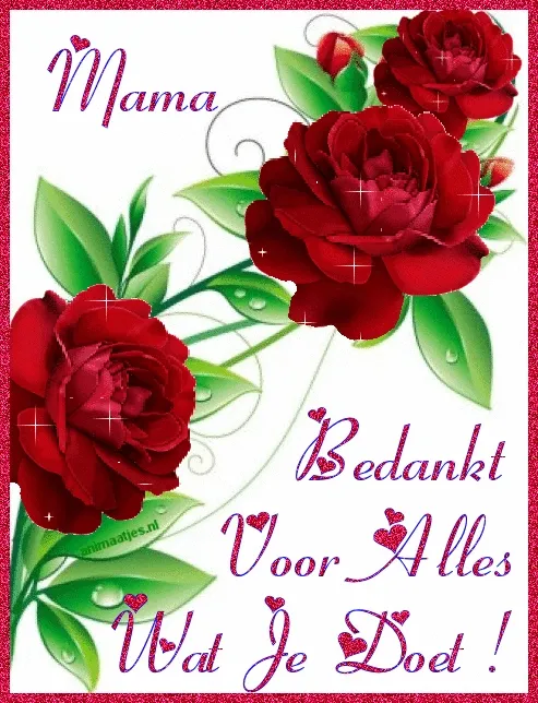 Een bedankkaart voor mama met rode rozen en cursieve tekst.