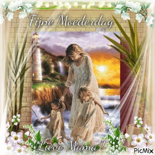 Moeder met twee kinderen bij de zee, zonsondergang op de achtergrond. Fijne Moederdag!