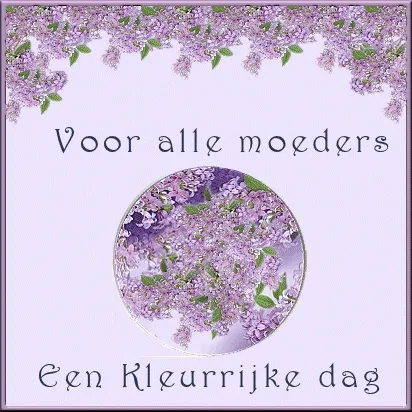 Tekst met paarse bloesems en de boodschap: Voor alle moeders, Een Kleurrijke dag.