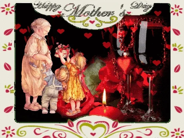 Oude vrouw met kinderen, bloemen en hartjes, voor Moederdag viering.