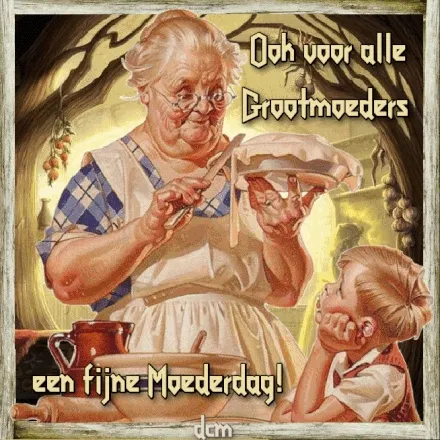 Oma met een taart en kleinkind, wensen voor Moederdag.