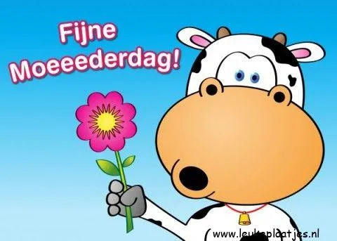 Een cartoonachtige koe met een bloem, met de tekst "Fijne Moeederdag!"