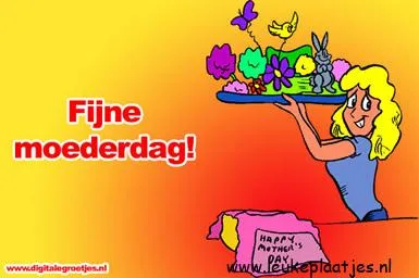 Vrouw met gele haren houdt een kleurrijke dienblad voor Moederdag.