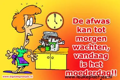 Vrouw in keuken negeert afwas, viert Moederdag met een vrolijke sfeer.