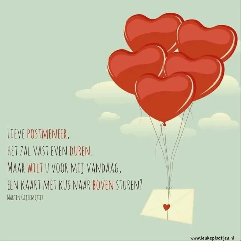 ᐅ fijne moederdag in de hemel - Moederdag plaatjes Een kaart met hartvormige ballonnen en een boodschap voor de postbode.