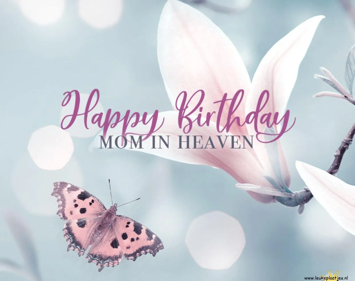 ᐅ fijne moederdag in de hemel - Moederdag plaatjes Roze bloem met vlinder en tekst: "Happy Birthday Mom in Heaven."