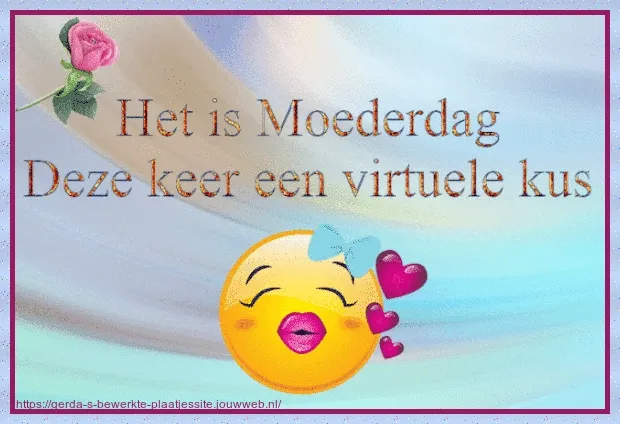 Virtuele kus met roze roos, tekst: "Het is Moederdag".
