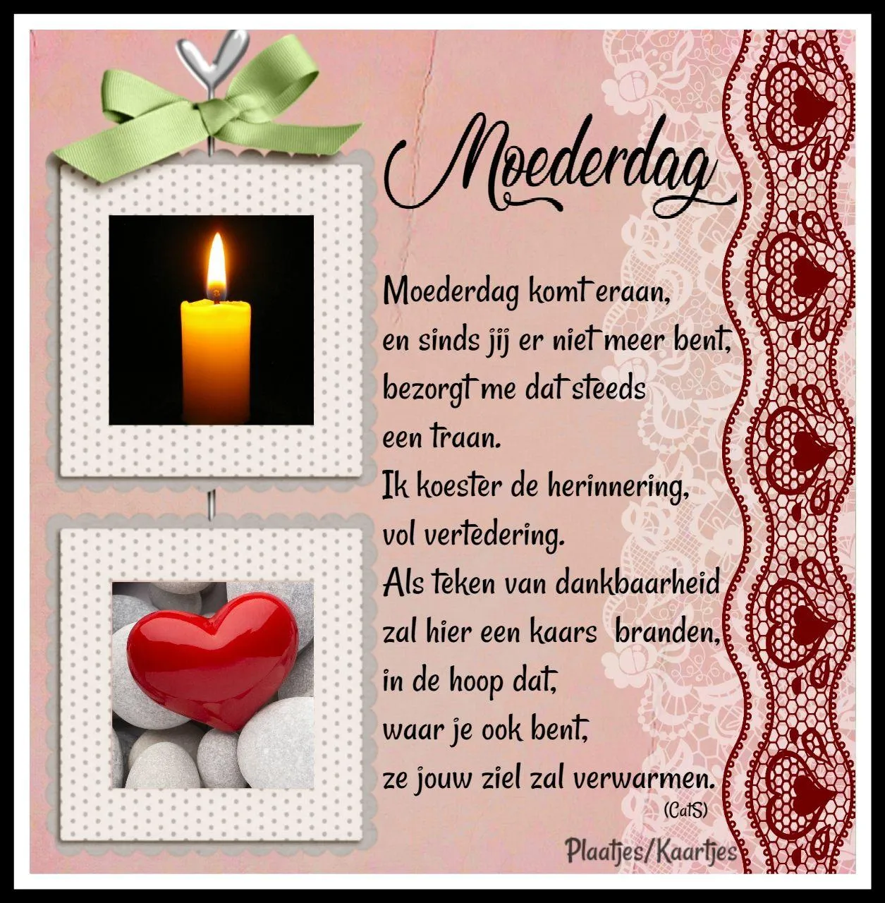 Kaarsje met hartvormige steen, Moederdag gedicht en decoratieve achtergrond.