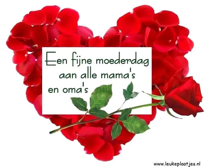 Rode rozenblaadjes in hartvorm met de tekst: "Fijne moederdag aan alle mama's en oma's".