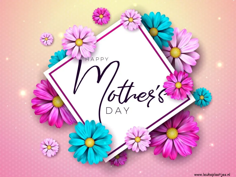 Kleurige bloemen rondom een kader met "Gelukkige Moederdag" in elegante letters.