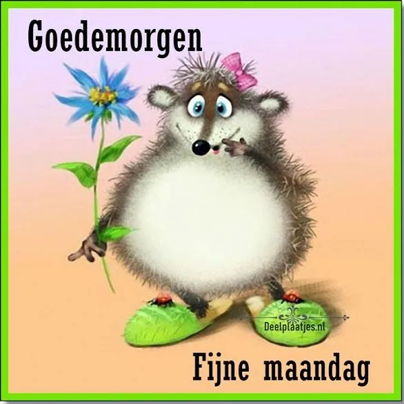 ᐅ fijne nieuwe week - Fijne week plaatjes Een schattige egeltje met een bloem, zegt 'Goedemorgen' en 'Fijne maandag'.