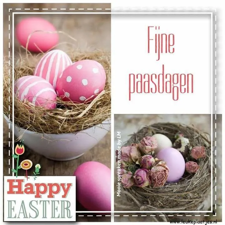 Lente-thema met gekleurde eieren en bloemen in een nest. Fijne paasdagen!