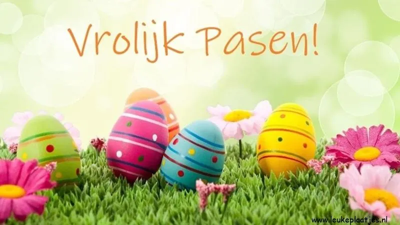 Kleurige paaseieren in gras met bloemen, tekst "Vrolijk Pasen!" erboven.