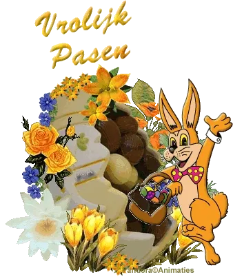 Paashaas met mand vol eieren en bloemen, afgebeeld met een paasei. Décoratieve elementen.