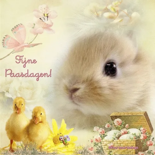 Een schattig konijntje naast kuikens en bloemen, met de tekst 'Fijne Paasdagen!'.