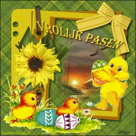 Gele kuikens en paaseieren rond een zonsondergang, versierd met een zonnebloem.