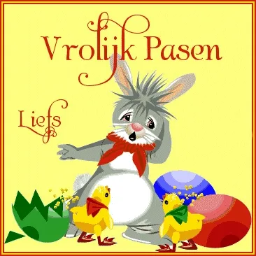 Tekening van een konijn met eieren en twee kuikens voor Pasen.