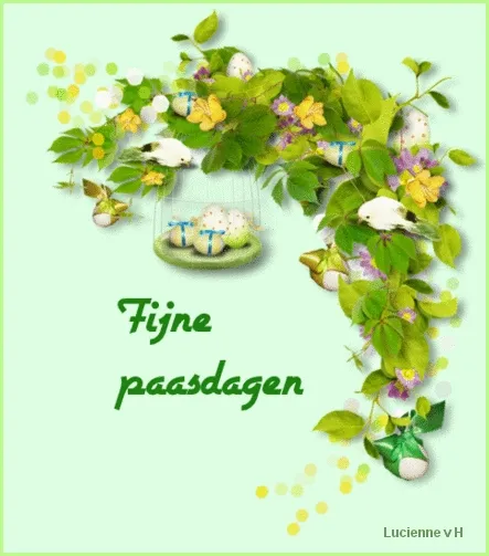 Groene versiering met bloemen, eieren en de tekst "Fijne paasdagen".