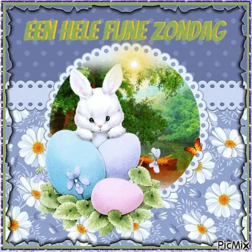 Een schattig konijntje bij paaseieren in een bloemenveld. Fijne zondag gewenst!