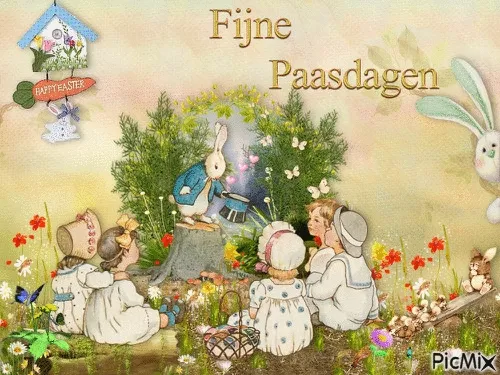 Gezellig pasen met kinderen en een konijn in een bloemenveld.