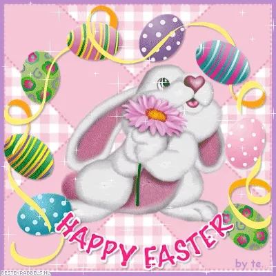 Een konijn met een bloem omringd door paaseieren op een roze achtergrond.