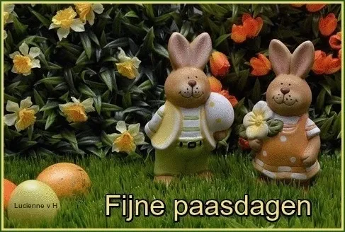 Twee paashazen staan in een bloemenveld met kleurrijke eieren.