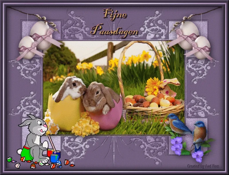 Twee konijnen zitten in eieren, omringd door bloemen en een mand met eieren.