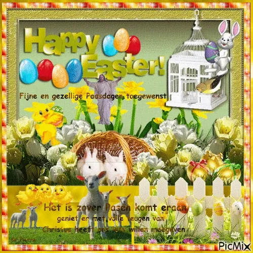 Kleurige Paasgroeten met eieren, bloemen, en schattige dieren in een vrolijke opzet.