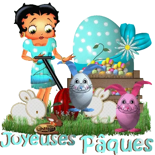 Een vrouw met paaseieren, konijnen en een mand voor Pasen.