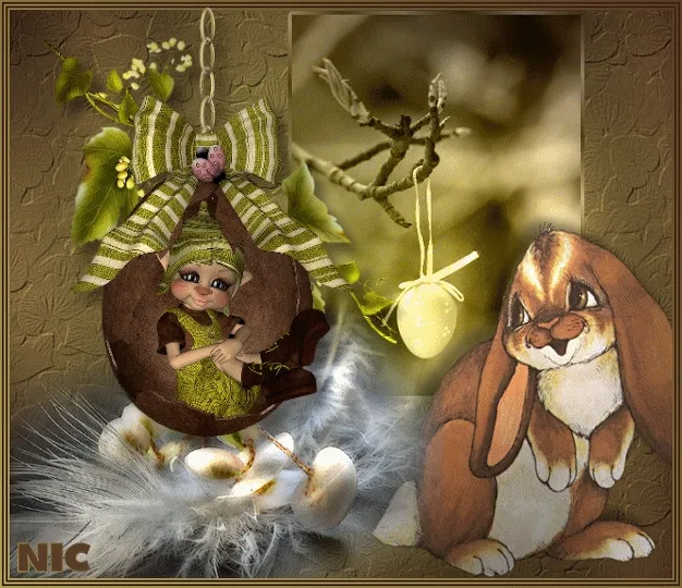 Een schattige elf en een konijn met decoratieve paaseieren en takken.