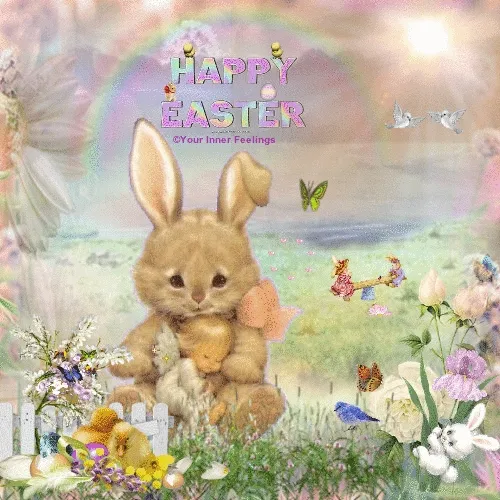 Schattig paashaasje met bloemen en een regenboog op een feestelijke achtergrond.