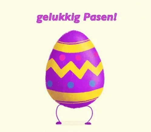 Paasei met paarse en gele versieringen danst vrolijk. Gelukkige Pasen!