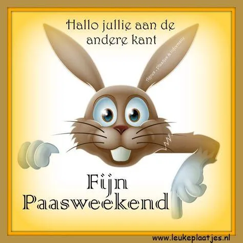 Konijn met lachend gezicht en tekst: Fijn Paasweekend! Groet van de andere kant.