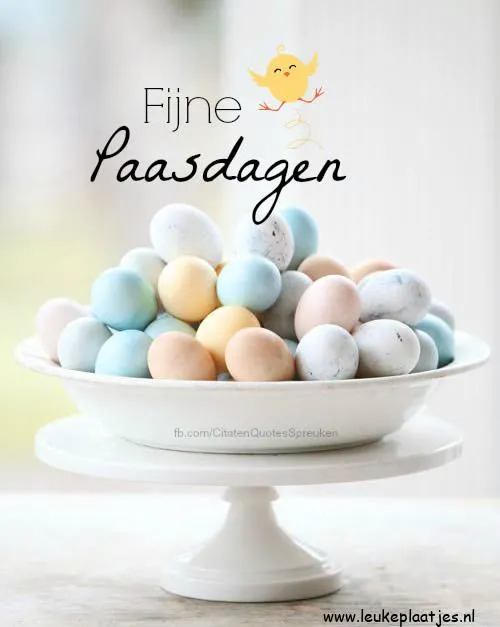 Een schaal met pastelgekleurde eieren voor Pasen en de tekst "Fijne Paasdagen".