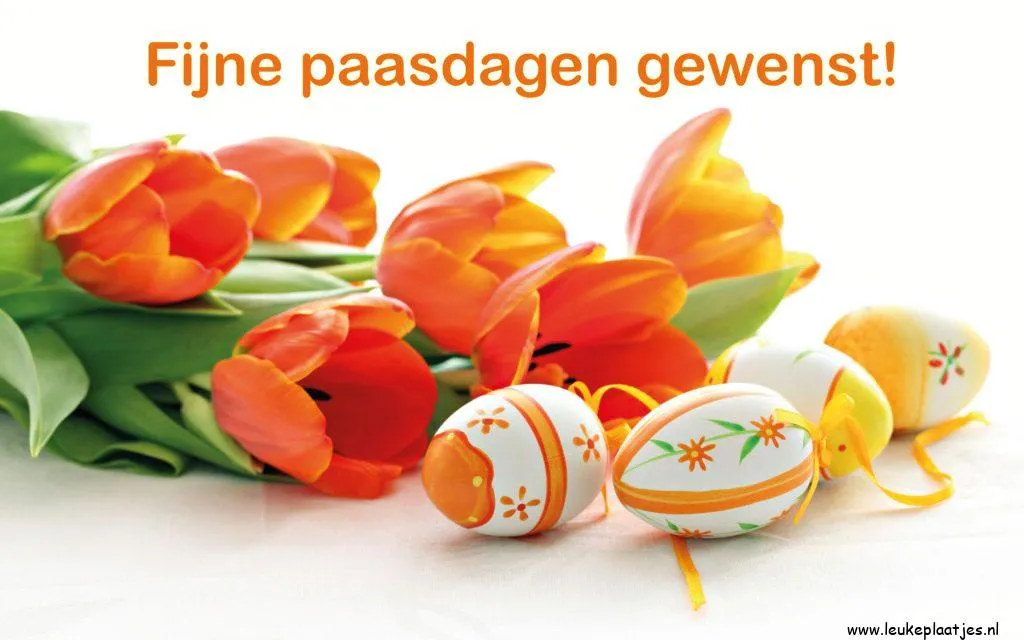 Rode tulpen en beschilderde eieren met de tekst: "Fijne paasdagen gewenst!"