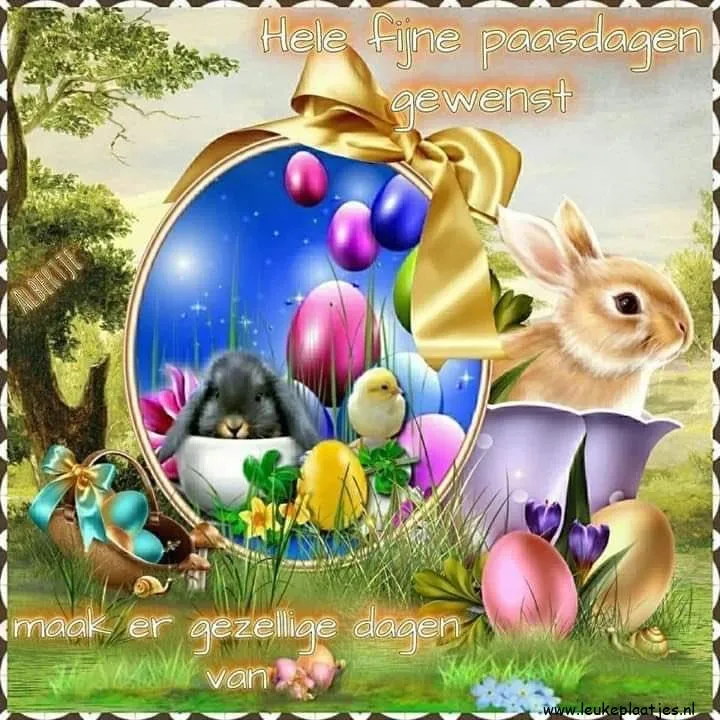 Een vrolijke paasgroet met eieren, een konijn en een kuiken in een decoratieve setting.