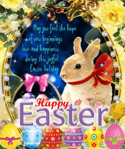 Een konijn met een strik en kleurrijke paaseieren, met de tekst 'Vrolijk Pasen'.