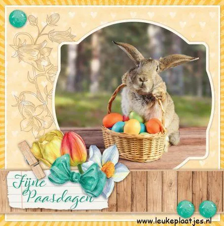 Konijn met paaseieren in mand, met bloemen en vrolijke achtergrond.