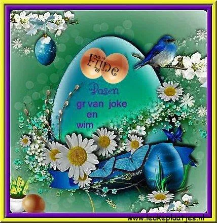 Kleurvolle Paasei met bloemen, vlinders en een vogel, met de tekst "Fijne Pasen".