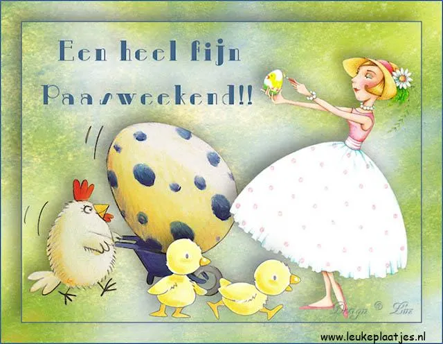 Vrouw met een hoed vrolijk met kuikens en een ei, Pasen thema.