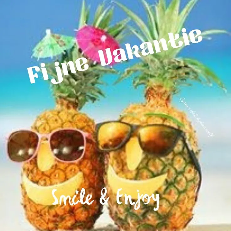 Twee ananassen met zonnebrillen en hoedjes op een strand achtergrond.