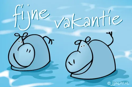Geanimeerde nijlpaarden op blauwe achtergrond met tekst "fijne vakantie".