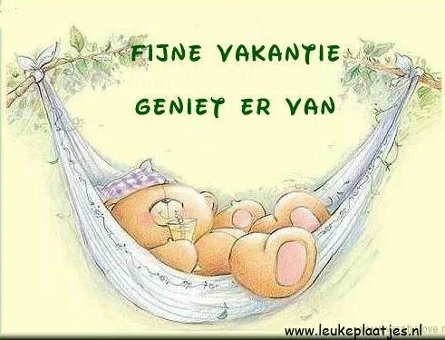 Teddyberen liggen ontspannen in een hangmat met vakantiegroeten.